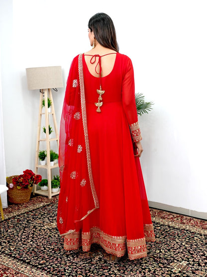 Elegant Red Gown Dupatta set for Karwachauth (Stitched) - Premium  from Ethenika.com  - Just INR 2990! Shop now at Ethenika.com 