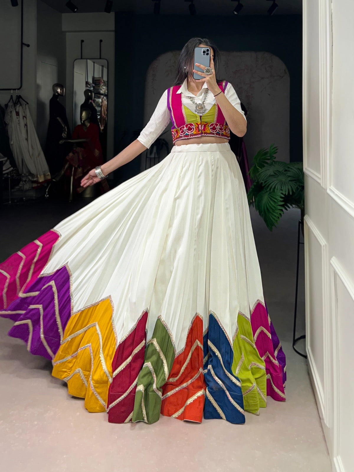 Rayon Multi Color Patch Lace Gamthi Kodi Work White Concept Navratri Special Lehenga Choli (Ready to Wear)