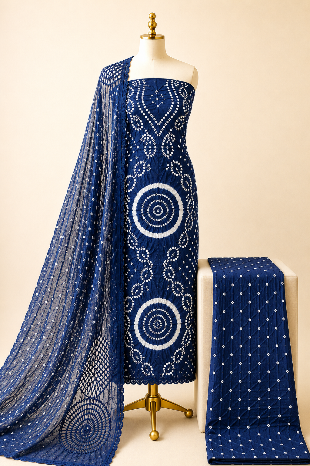 Cotton Satin Authentic Handmade Kutch 3Pc Bandhani Dress Material