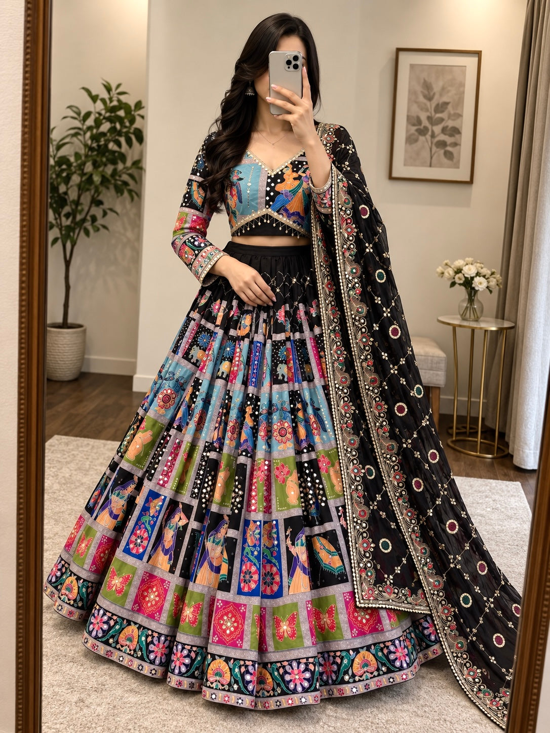 Black Mirror Work Chaniya Choli - Full Lehenga with Mirror Details