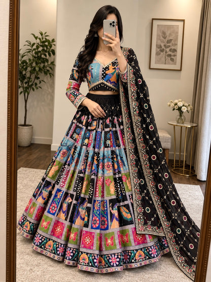 Black Mirror Work Chaniya Choli - Full Lehenga with Mirror Details