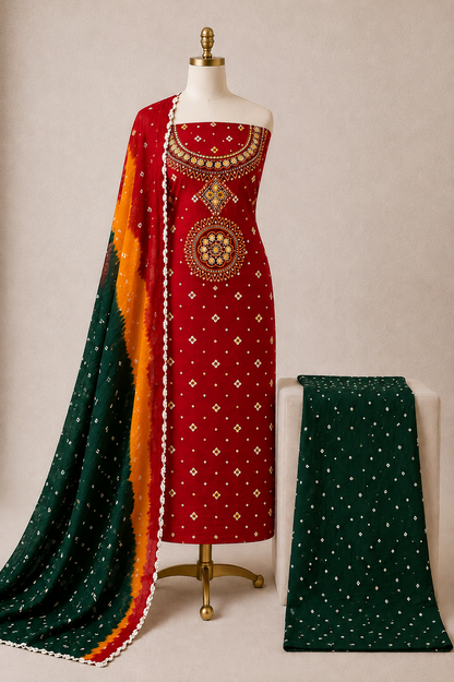 Soft Cotton Real Mirror and Thread Work Bandhani Dress Material (Unstitched)