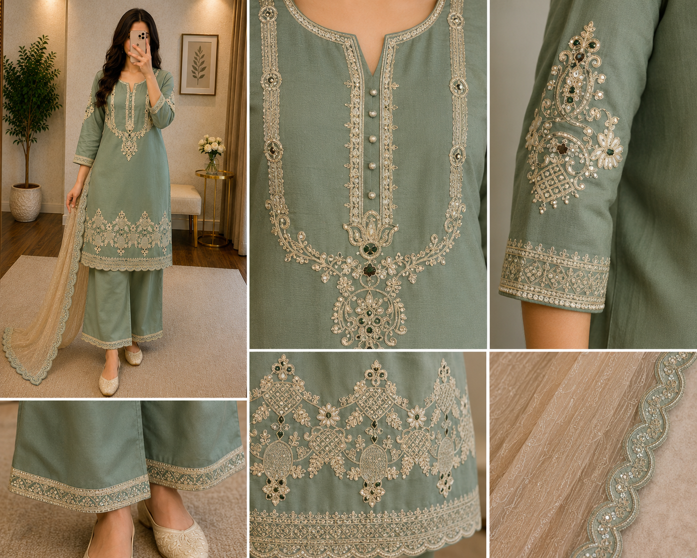 Glass Satin Coding Sequence Work Designer Kurti Pant Dupatta Set