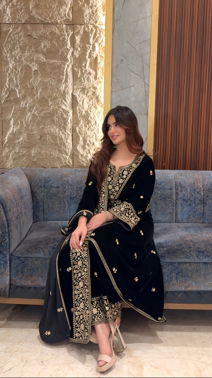 Ethenika Premium Designer Embroidery Work Velvet Kurti Pant Dupatta Set (Ready to Wear)