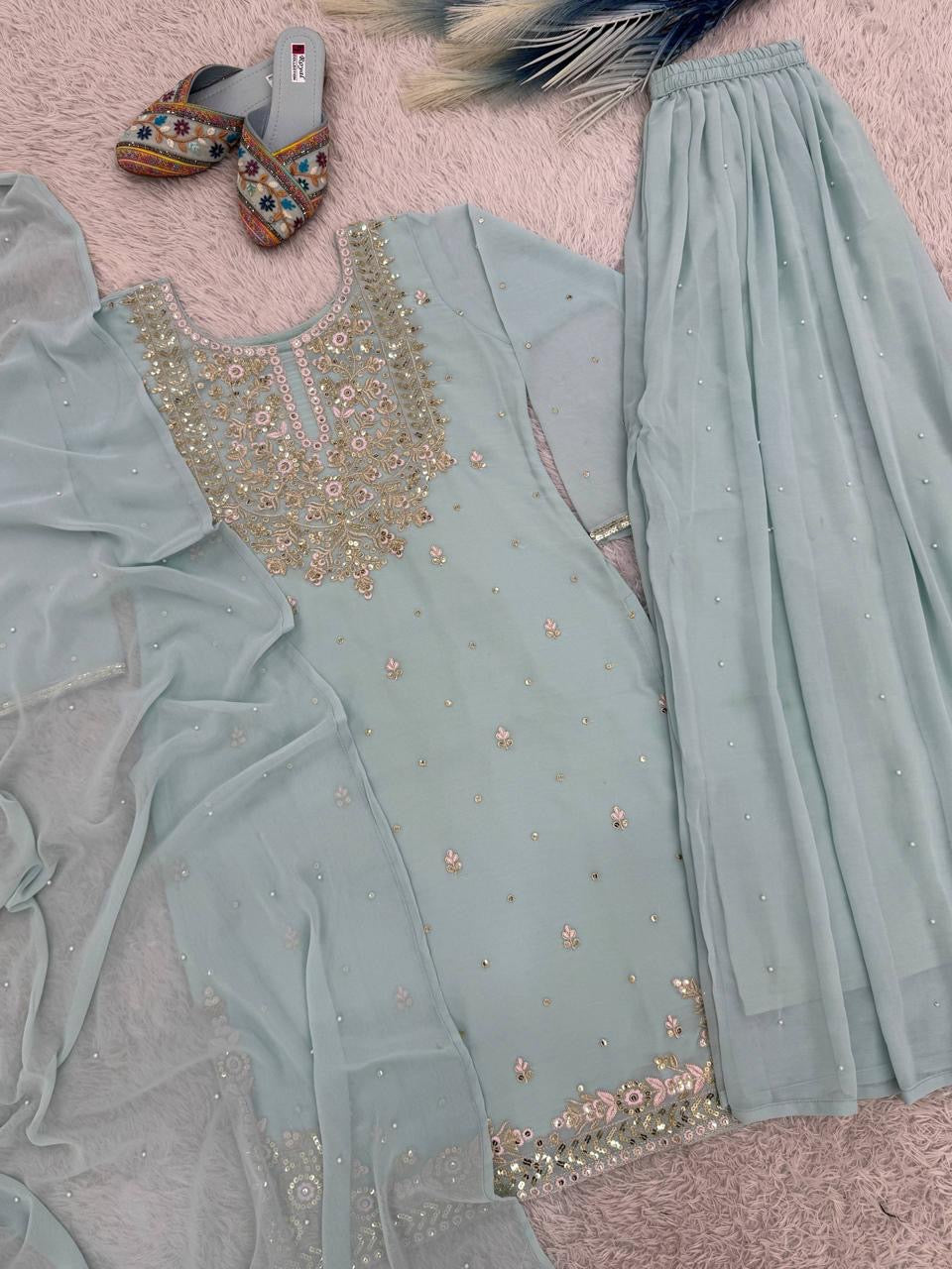 Faux Georgette Sequence Embroidery Work Designer Kurti Palazzo Dupatta Set (Ready to Wear)