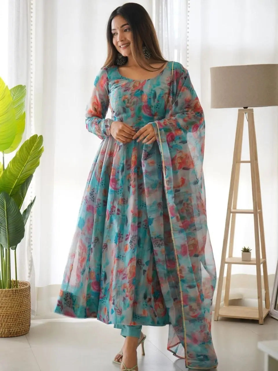 Organza Floral Digital Print Flair Dress Suit Blue / XL(42) Organza Floral Digital Print Flair Dress Suit Blue / XL(42)