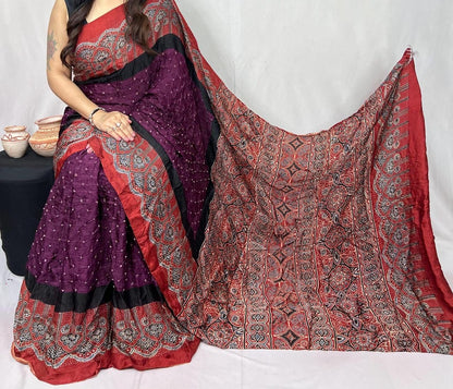 Pure Modal Silk Ajrakh Block Print with Bandhani Work Saree