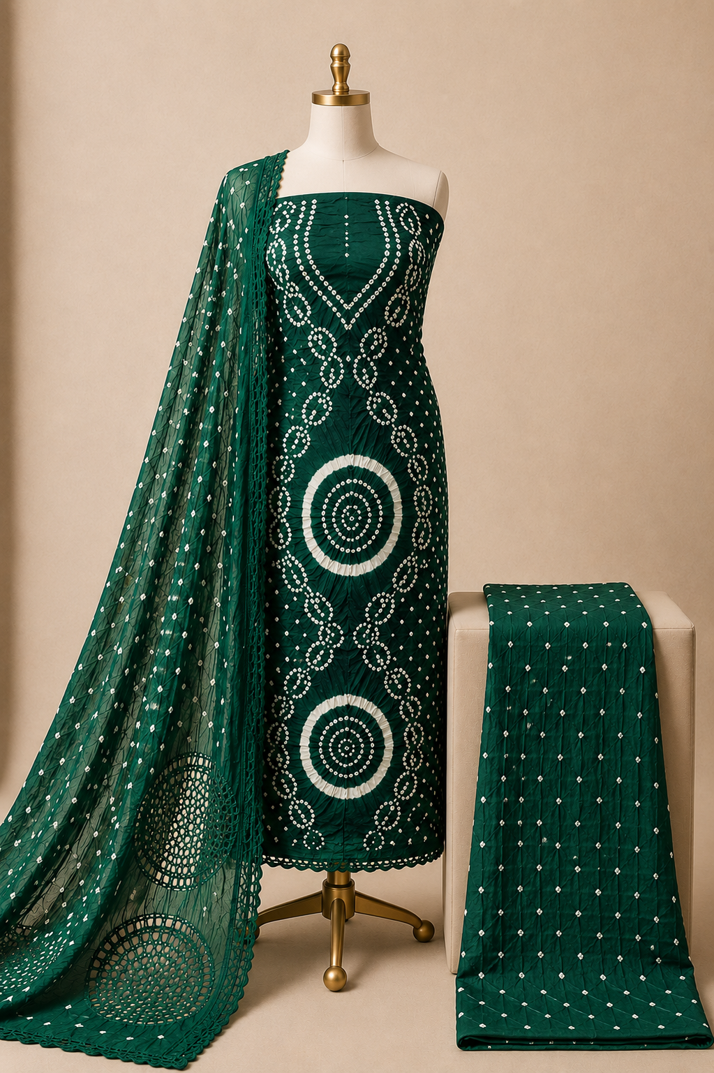 Cotton Satin Authentic Handmade Kutch 3Pc Bandhani Dress Material