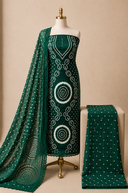 Cotton Satin Authentic Handmade Kutch 3Pc Bandhani Dress Material