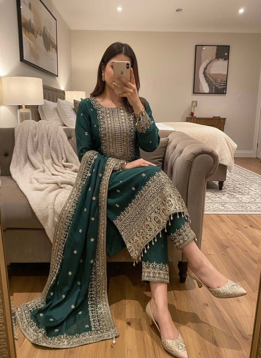 Chinon Silk Designer Party Wear Kurti Pant Dupatta Set