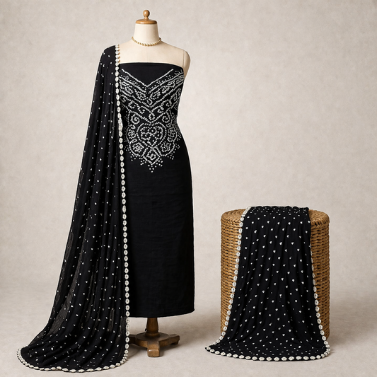 Cotton Satin Kusum Work Bandhani Dress Material