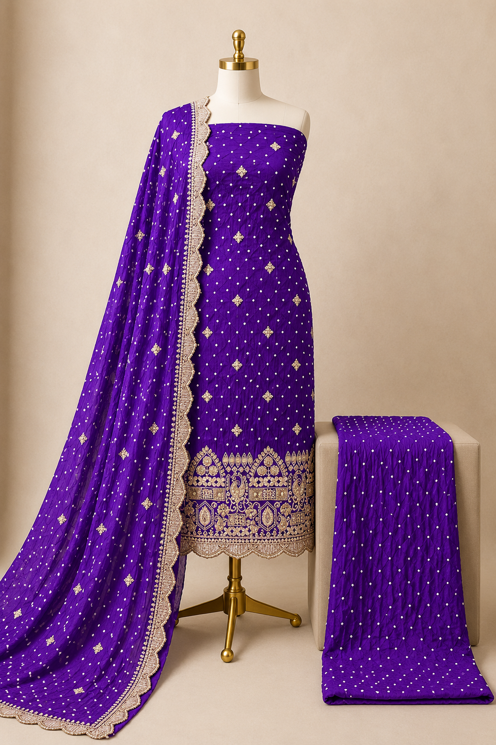 Pure Georgette 100% Hand Zardosi Work 3Pc Unstitched Bandhani Dress Material