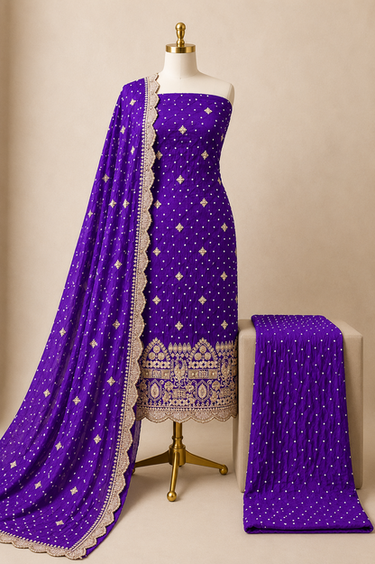 Pure Georgette 100% Hand Zardosi Work 3Pc Unstitched Bandhani Dress Material