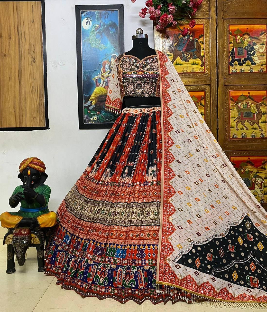 Muslin Silk Digital Print with Mirror Work Navratri Designer Chaniya Choli