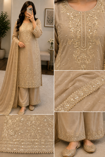 Moti Work Designer Kurti Set – GMY Silk Embroidered 3Pc Suit with Palazzo & Dupatta