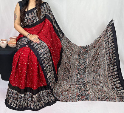 Pure Modal Silk Ajrakh Block Print with Bandhani Work Saree