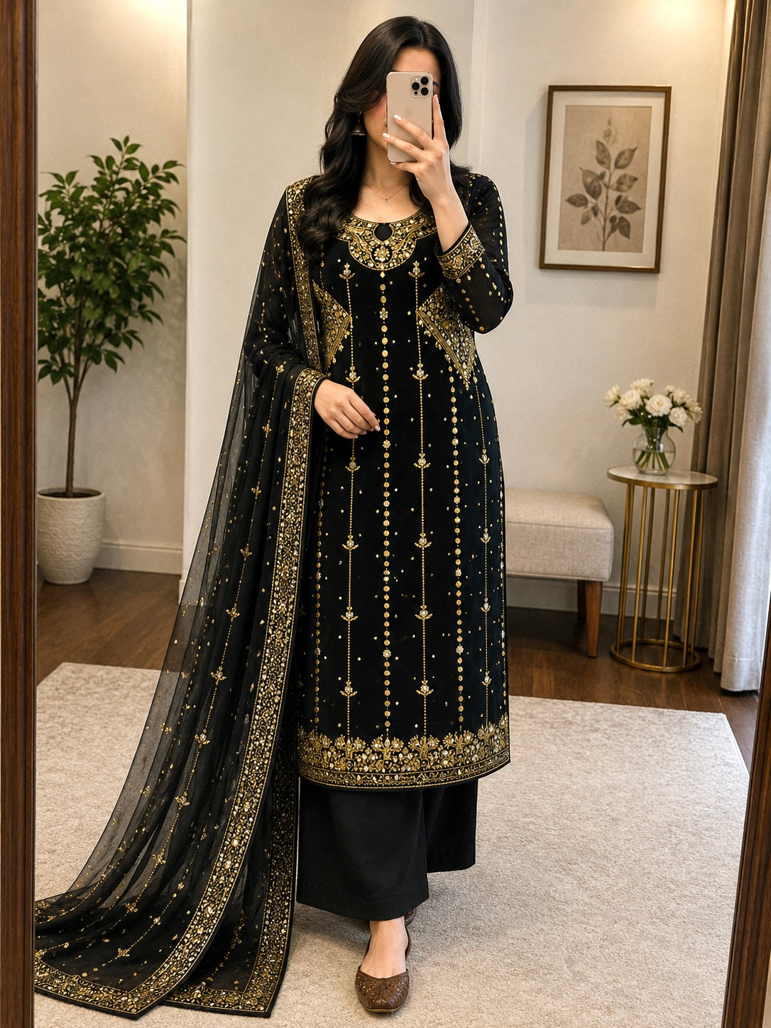 Faux Georgette Zari Embroidery Kurti Pant Dupatta Set