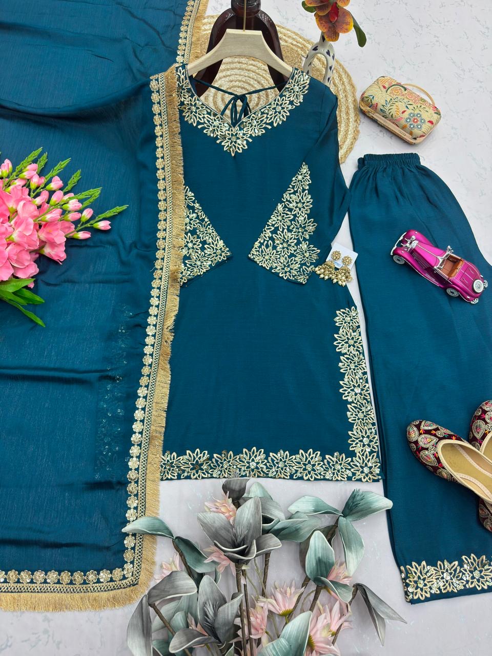 Chinon Silk Embroidery Kurti Palazzo Dupatta | Ready to Wear