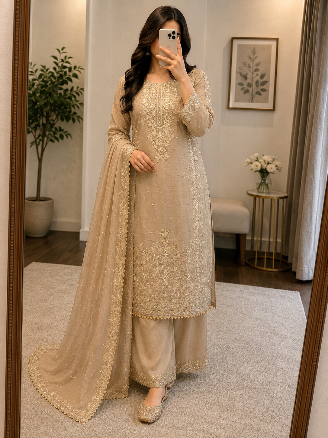 Moti Work Designer Kurti Set – GMY Silk Embroidered 3Pc Suit with Palazzo & Dupatta