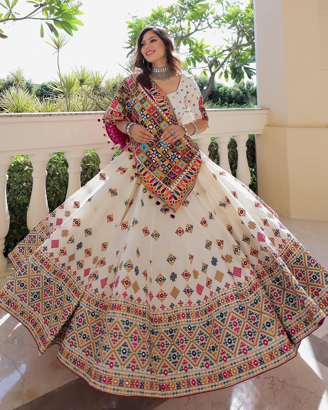 Muslin Digital Print With Mirror Work White Concept Navratri Special Designer Chaniya Choli