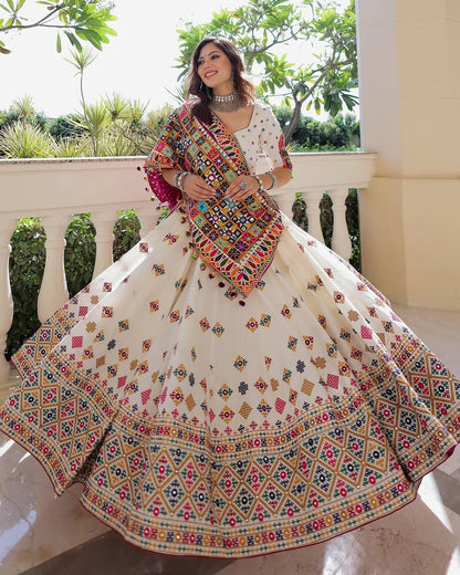 Muslin Digital Print With Mirror Work White Concept Navratri Special Designer Chaniya Choli