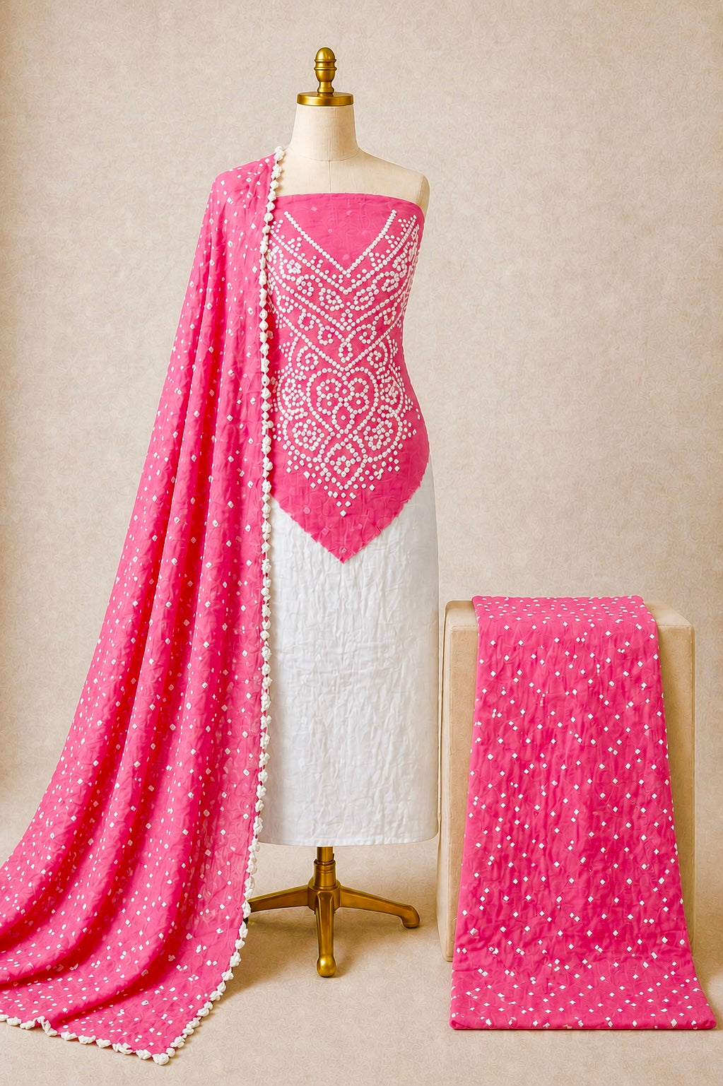 Cotton Satin Kusum Work 3pc Unstitched Bandhani Dress Material