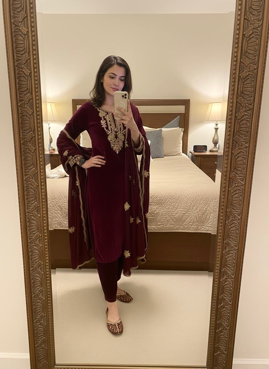 Ethenika Originals Velvet Designer Party Ready Wear Kurti Pant Dupatta Set