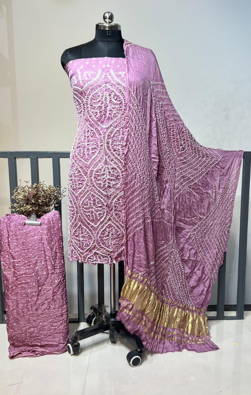 Modal Silk Original Kutch Hand Crafted Barik Bandhej Work Silk Bandhani Dress Material (Unstitched)