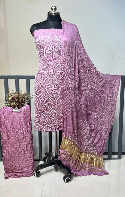 Modal Silk Original Kutch Hand Crafted Barik Bandhej Work Silk Bandhani Dress Material (Unstitched)