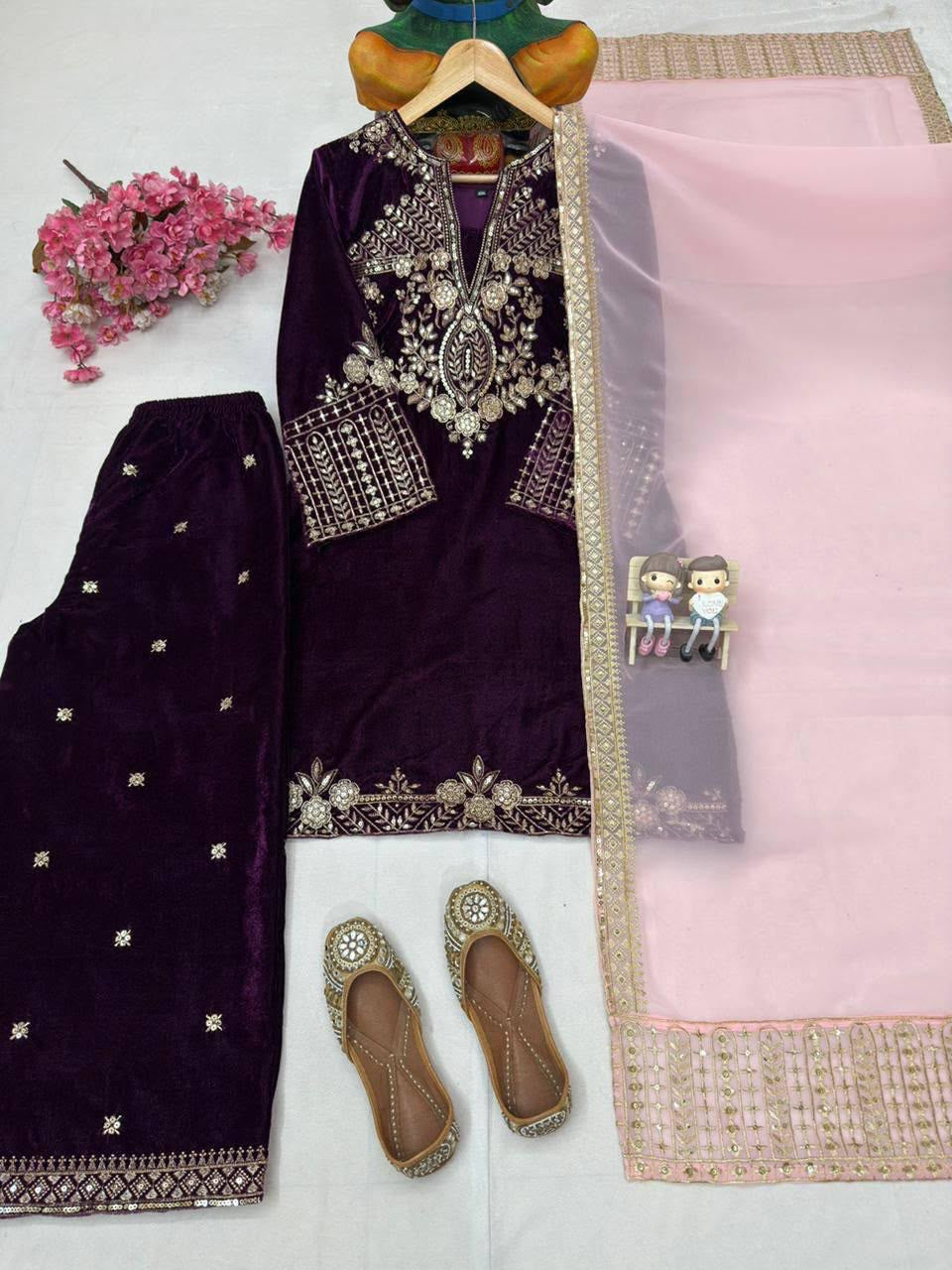 Ethenika Designer 3Pc Ready Wear Velvet Kurti Pant Dupatta Set