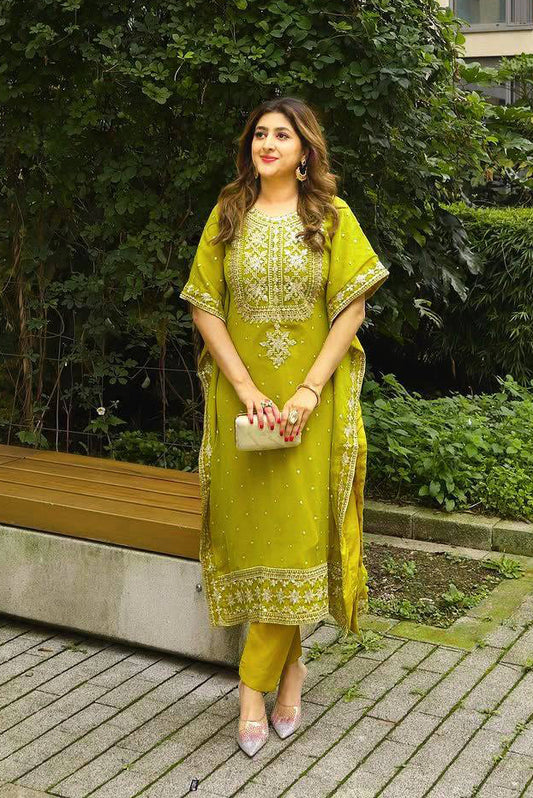 Faux Georgette Zari Embroidery Work Designer Kurti Pant Dupatta Set (Ready to Wear)