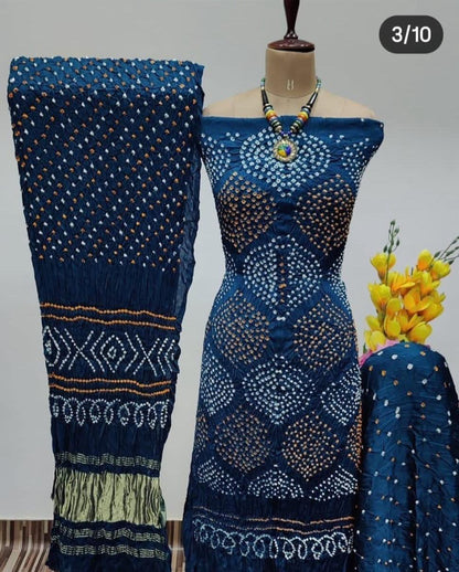Modal Silk Barik Bandhej Work with Lagdi Patta Duppatta 3Pc Bandhani Dress Material