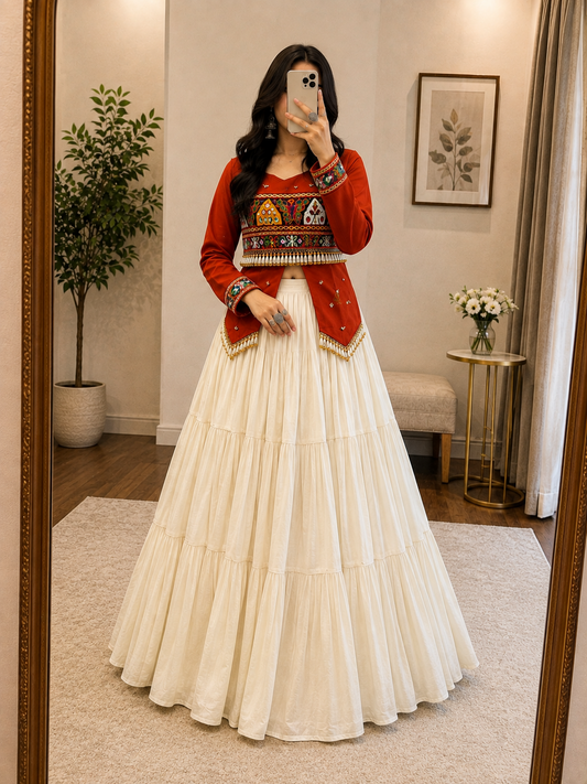 Pure Cotton Kodi Gamthi Hand Embroidered Designer Lehenga Choli - 9 Meter Flair