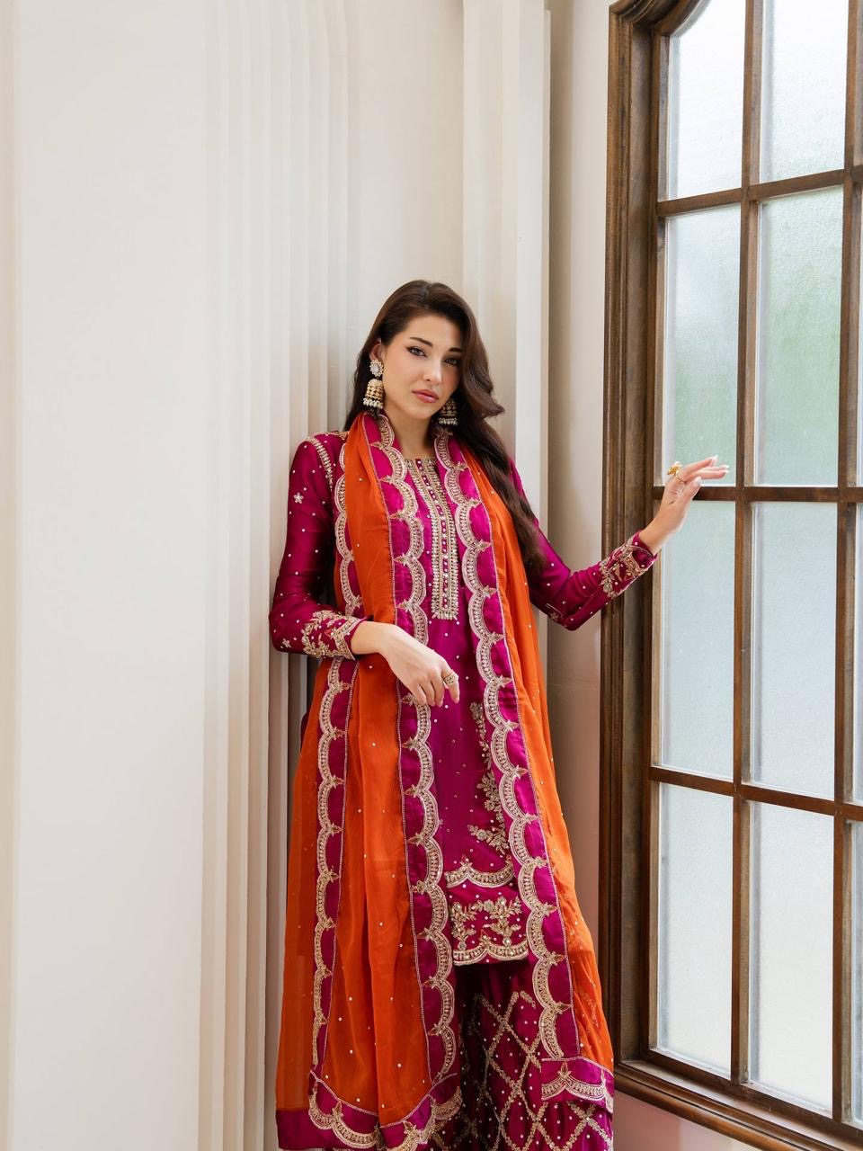Designer Kurti Palazzo Set | Chinon Silk Zari Embroidery | Ready to Wear