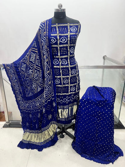 Modal Silk Golden Chex Rai Bandhej Bandhani Dress Material