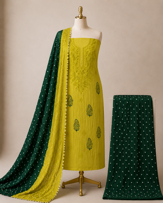 Soft Cotton Lakhnavi Thread Work 3Pc Unstitched Bandhani Dress Material