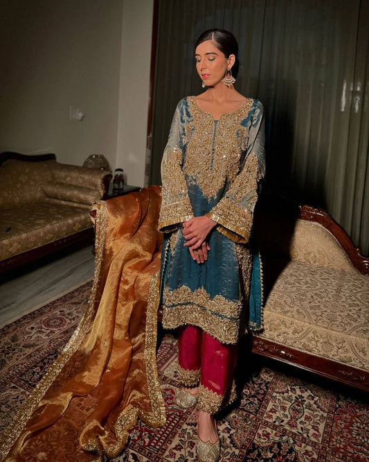 Fendy Silk Zari Embroidery Work Designer Party Wear 3 Pc Kurti Pant Dupatta Set (Ready to Wear)