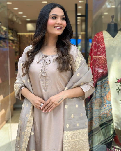 Roman Silk Jeckard Hand work Zari Weaving work Kurti Pant Dupatta Set (Stitched) - Premium  from Ethenika.com  - Just INR 2990! Shop now at Ethenika.com 