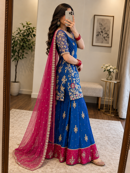 Georgette Sequence Embroidery Work Designer Kurti Sharara Dupatta Set (Ready To Wear)
