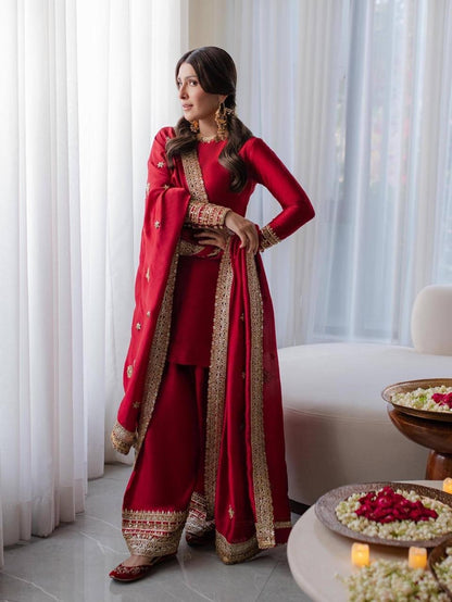 Rangoli Silk Karwa Chauth Special Designer Kurti Palazzo Dupatta Set (Ready To Wear)