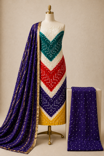 Cotton Satin Multicolor V Panel Kutch 3Pc Unstitched Bandhani Dress Material