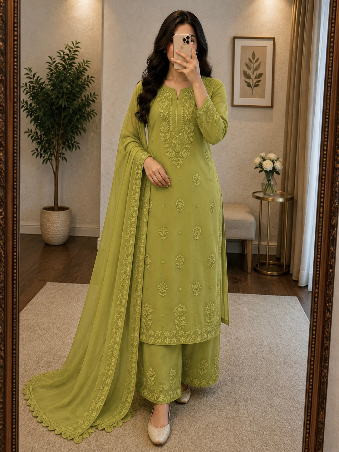 Faux Georgette Chikankari Thread Embroidery Kurti Pant Dupatta Set