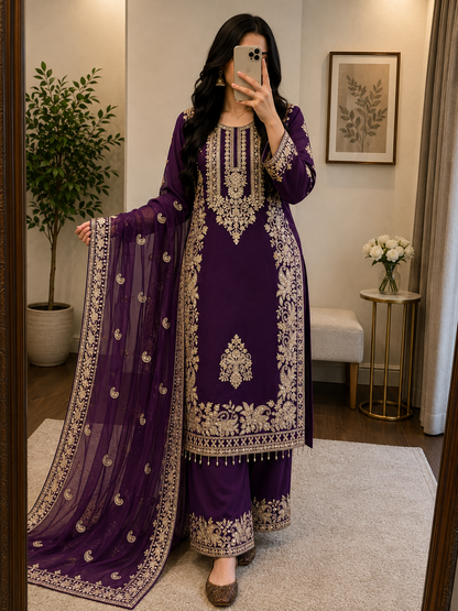 Faux Georgette Sequence Embroidery 3Pc Designer Kurti Pant Dupatta Set (Ready to Wear)