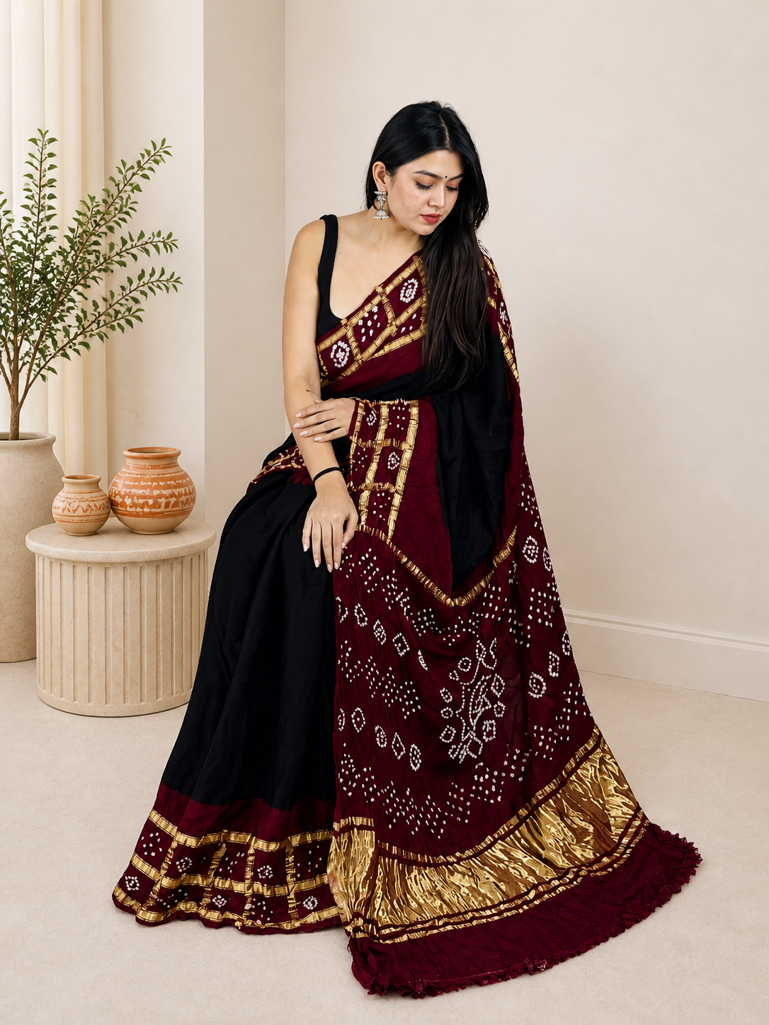 Ethenika Authentic Hand Crafted Chex Work Silk Bandhani Saree