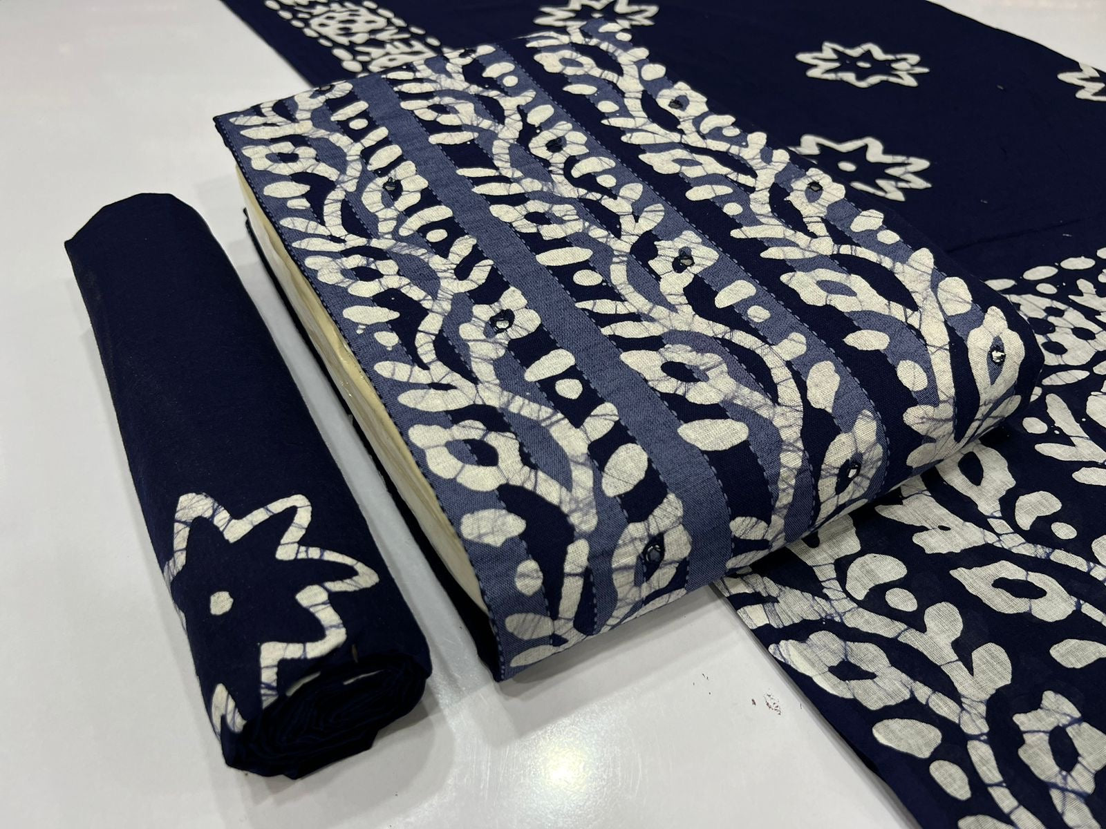 Soft Cotton Mirror work Hand Blocked Wax Batik Dress Material