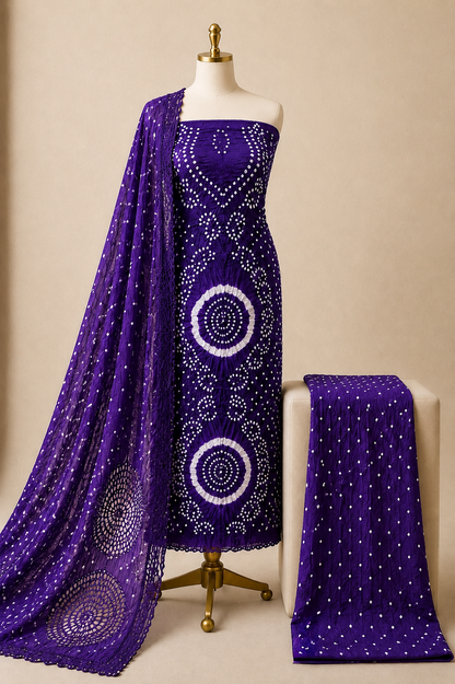 Cotton Satin Authentic Handmade Kutch 3Pc Bandhani Dress Material