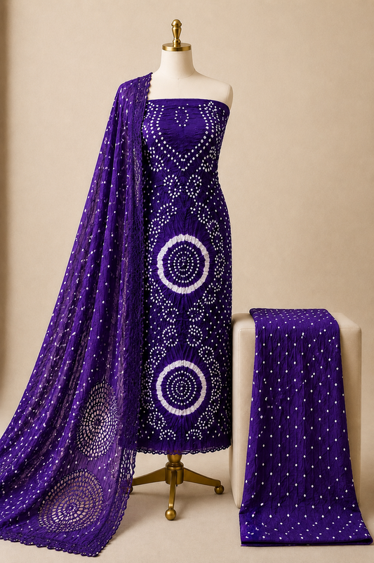 Cotton Satin Authentic Handmade Kutch 3Pc Bandhani Dress Material