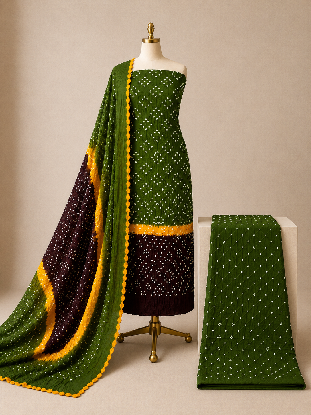 Cotton Satin Contrast Handmade Kutch 3Pc Unstitched Bandhani Dress Material