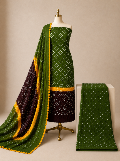 Cotton Satin Contrast Handmade Kutch 3Pc Unstitched Bandhani Dress Material