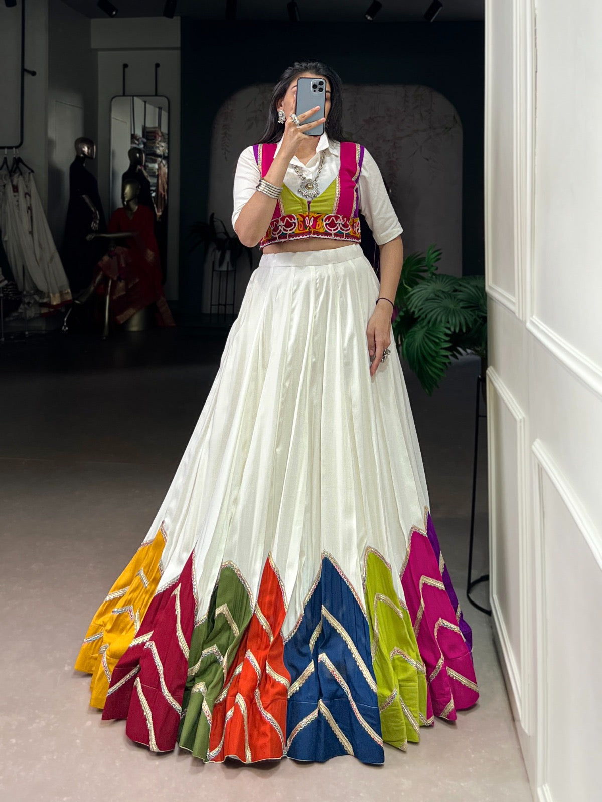 Rayon Multi Color Patch Lace Gamthi Kodi Work White Concept Navratri Special Lehenga Choli (Ready to Wear)